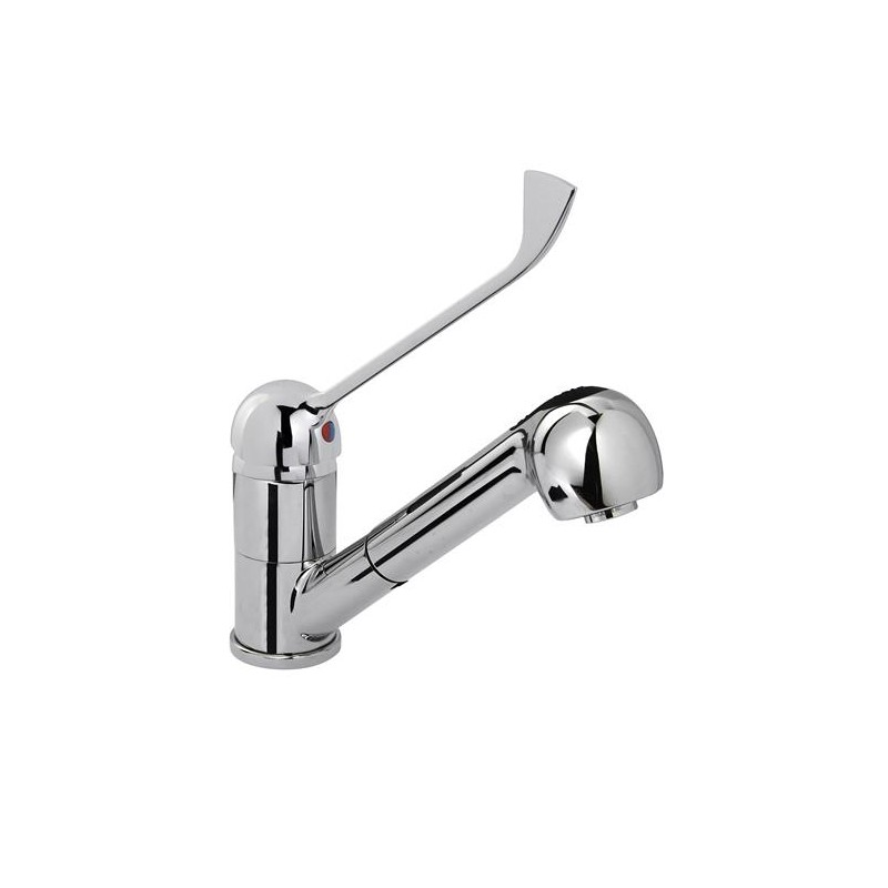 ONE HOLE MIXER TAP WITH CHROMED CLINICAL LEVER, SWINGING SPOUT AND EXTRACTABLE SHOWER 