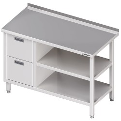 Stół przyścienny z blokiem dwóch szuflad (L),i 2-ma półkami 800x600x850 mm