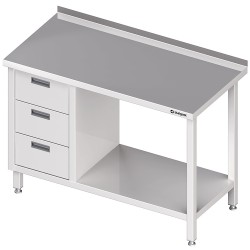 Stół przyścienny z blokiem trzech szuflad (L),i półką 1600x600x850 mm