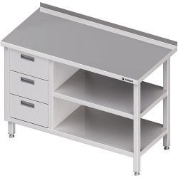 Stół przyścienny z blokiem trzech szuflad (L),i 2-ma półkami 900x600x850 mm