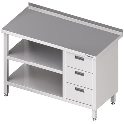Stół przyścienny z blokiem trzech szuflad (P),i 2-ma półkami 800x600x850 mm