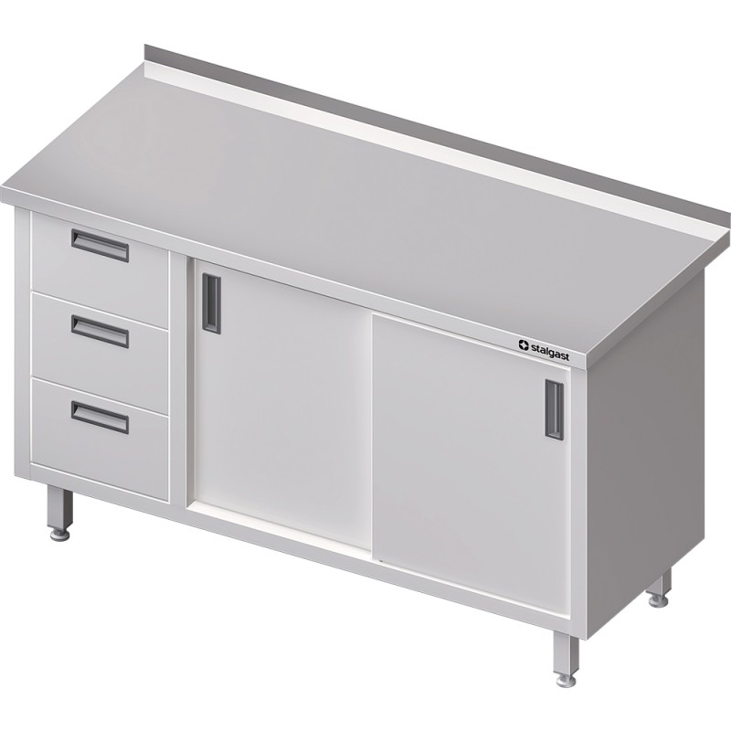 Stół przyścienny z blokiem trzech szuflad (L),drzwi suwane 1600x700x850 mm
