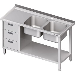 Stół ze zlewem 2-kom.(P), z blokiem trzech szuflad i półką 1400x600x850 mm
